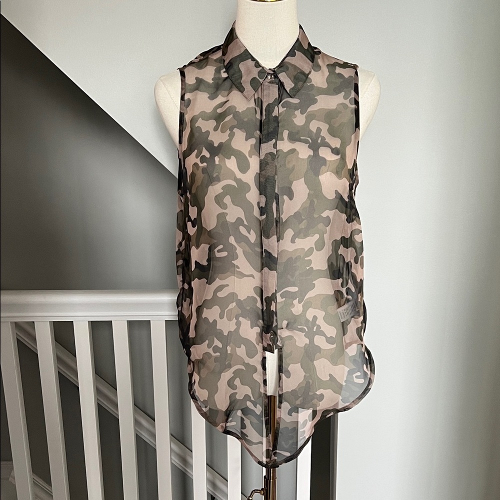 See Through Sleeveless Camo Print Blouse - Women's Tan/Green